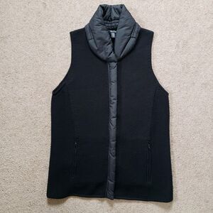 Eileen Fisher Merino Wool Knit Vest Puffer Trim Neck Full Zip Pockets Black SP